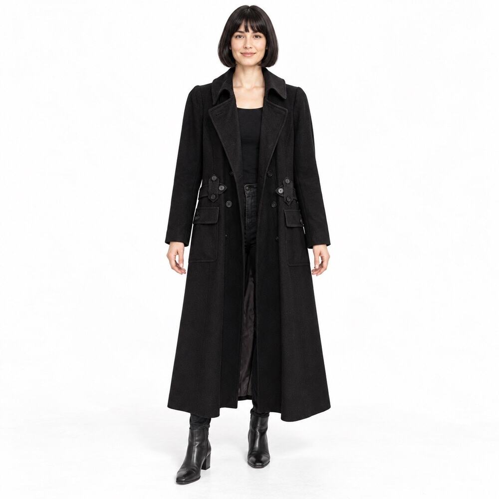 Rocha John Rocha Black Long Wool Coat Sz Medium Double Breasted Military Peacoat